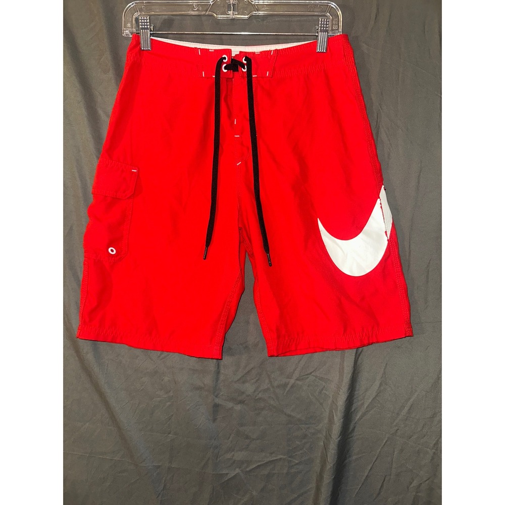 Nike Mens Big Swoosh Board Shorts Red Swim Trunks Size 28 Cargo Pocket 56323